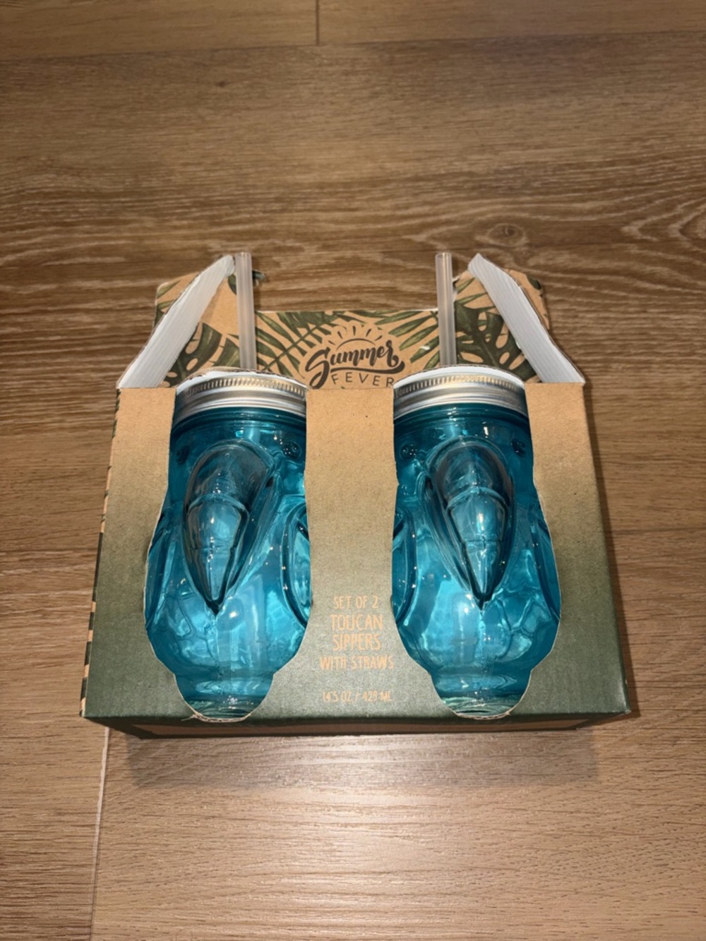 Set of 2 Teal Glass Toucan Sipper Jar With Lid And Straw Drink 14.5oz New